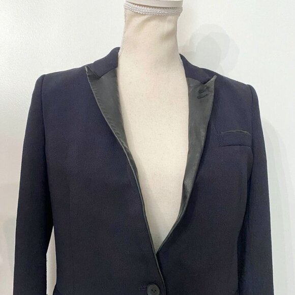 THE KOOPLES NAVY BLACK LEATHER COLLAR SINGLE BREASTED BLAZER - 4 - Picture 4 of 10
